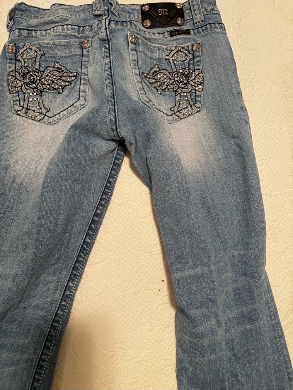 Miss Me Light Blue Boot Cut Jeans with Embroidered Cross Pockets